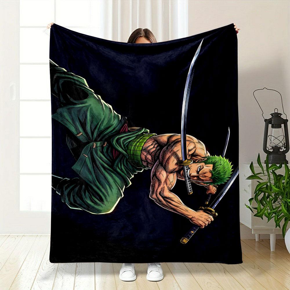 Green-Haired Warrior with Three Swords Patterned blanket, flannel, suitable for all seasons, home decor, warm and cozy