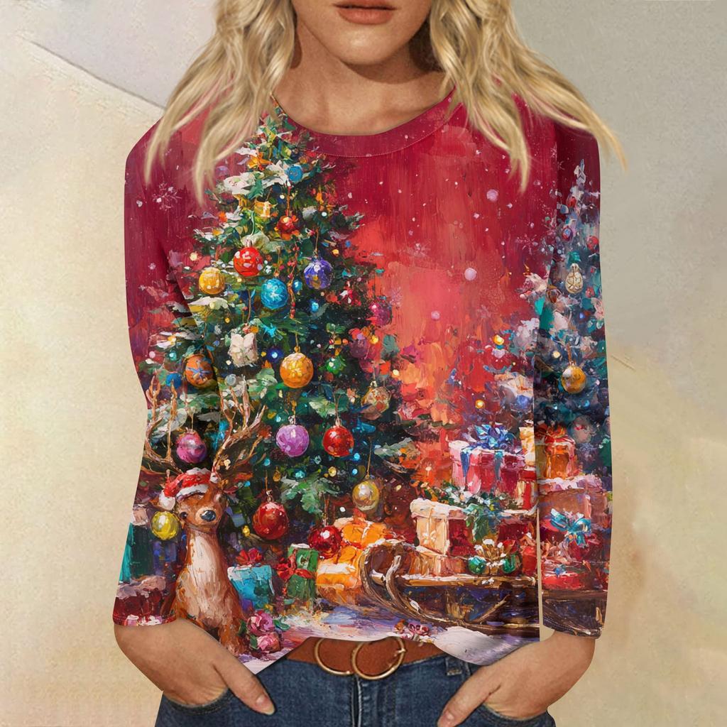 Women's Loose Comfortable Casual Fashion Round Neck Christmas Print Long Sleeve Hoodie