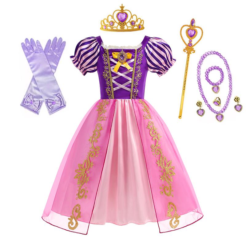 Rapunzel Princess Dress Girl Purple Puff Sleeve Cosplay Tangled Costume Halloween Vestido Kids Birthday Ball Gown Clothes