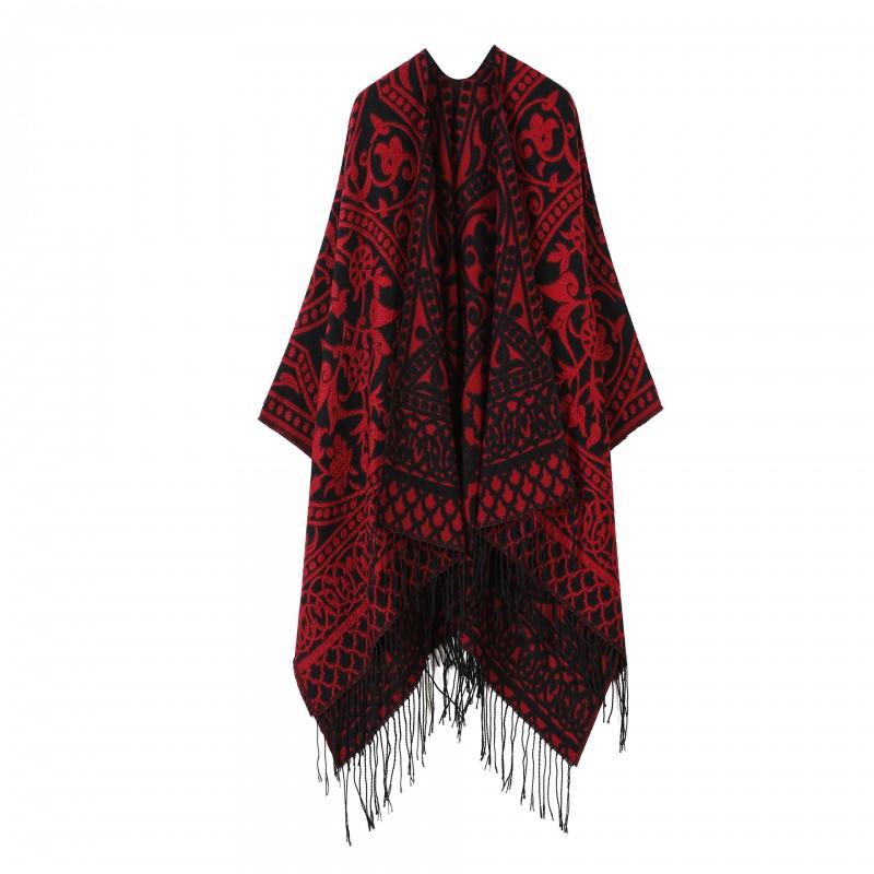Women Men Knitted Shawl With Tassels Floral Warm Faux Cashmere Wrap Scarf Winter