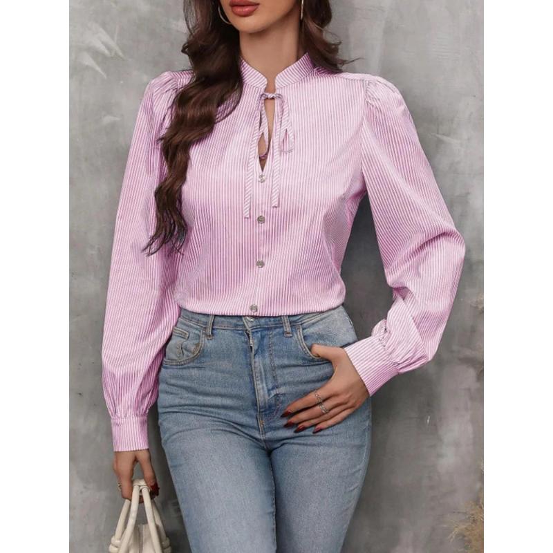 Women V-Neck Button Down Long Sleeve Top Solid Color Striped Shirt Office Lady Work Clothes