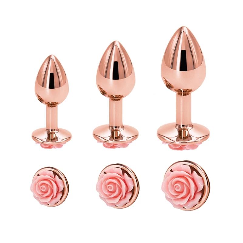 Rainbow Rose Gold Pink Small Medium Size Set Heart Shape Crystal Metal Anal Beads Butt Plug Jewelry Sex Toy for Female Male