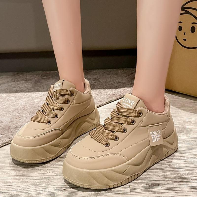Autumn and Winter Women's Thick-soled Sneakers, Women's Sneakers, White Sneakers, Low-top Round-toe Lace-up Casual Shoes