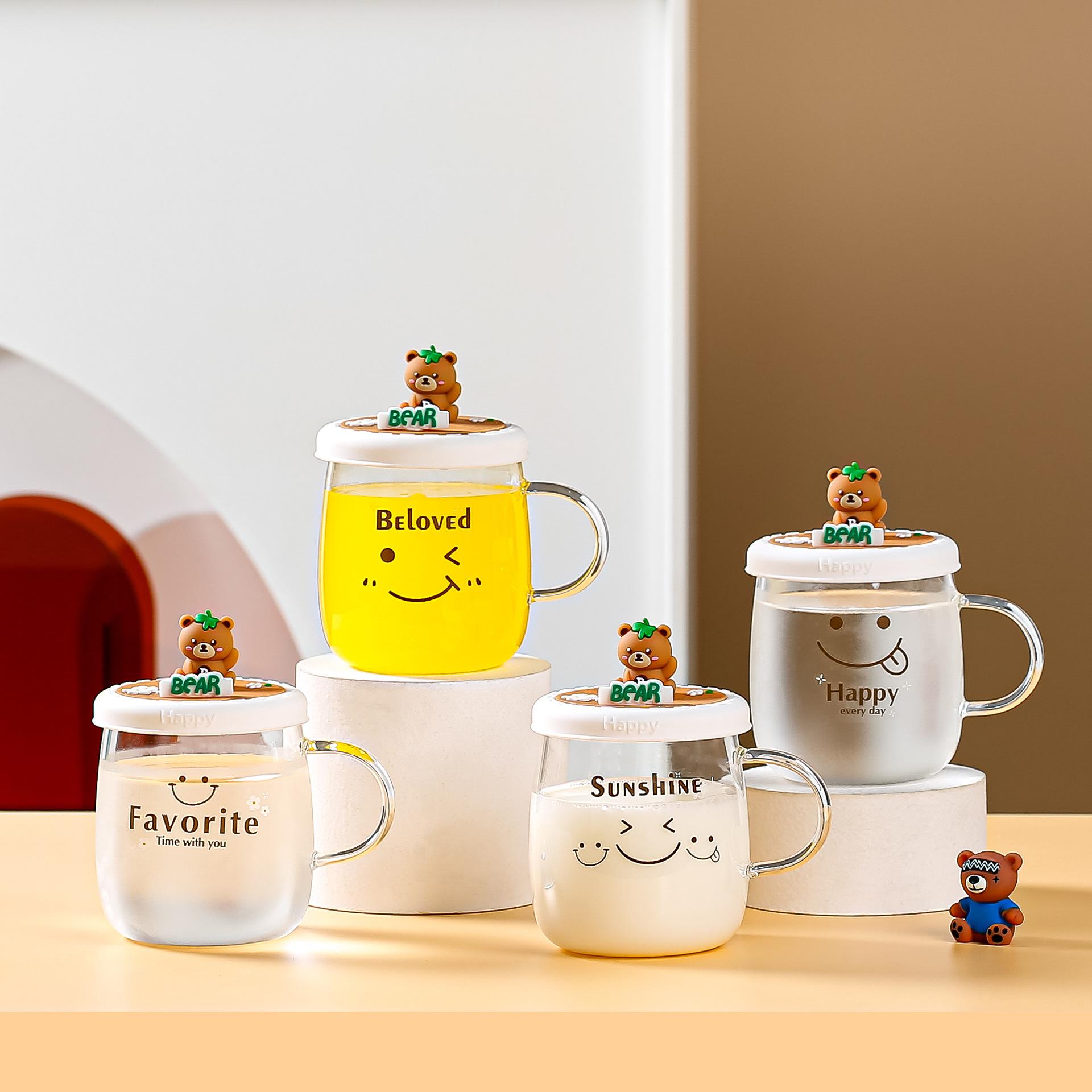 

Чашка из боросиликатного стекла с крышкой и симпатичным медвежонком, термостойкая, для офиса, для девочек, творческая, мультяшная чашка 500ML