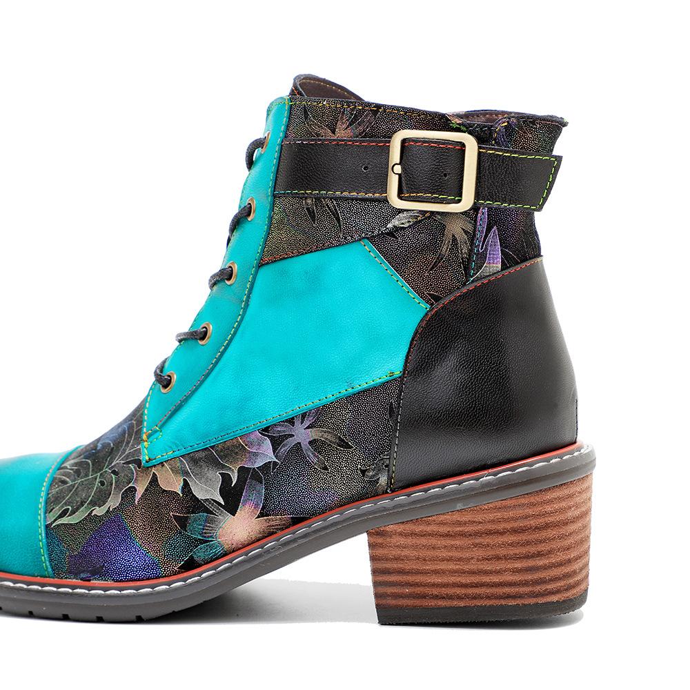 Johnature Handmade Printing Contrast Short Boots Retro Casual Comfort Genuine Leather Women Shoes