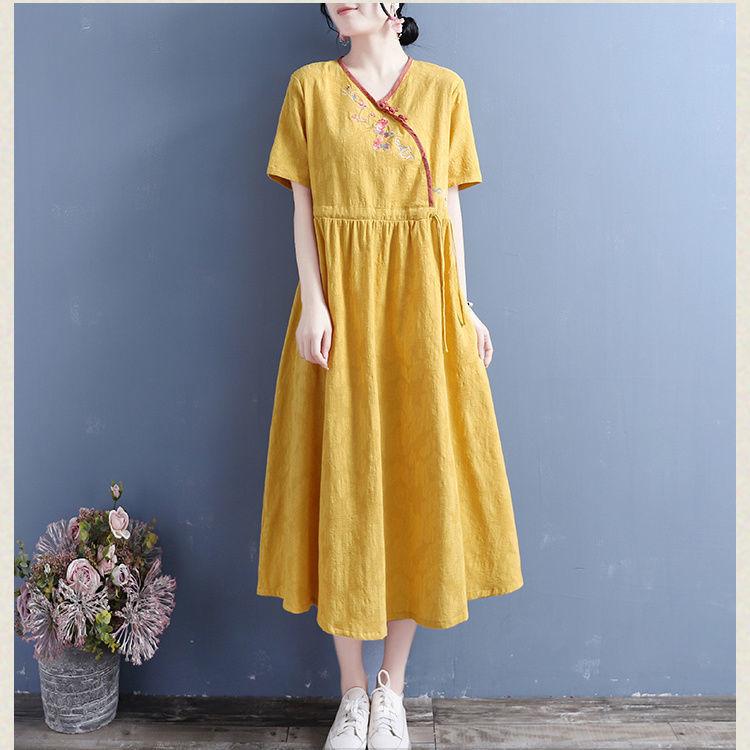 2025 New Summer Cotton and Linen Diagonal Placket Buckle Embroidered Short-sleeved Dress for Women, Retro Hanfu for Women