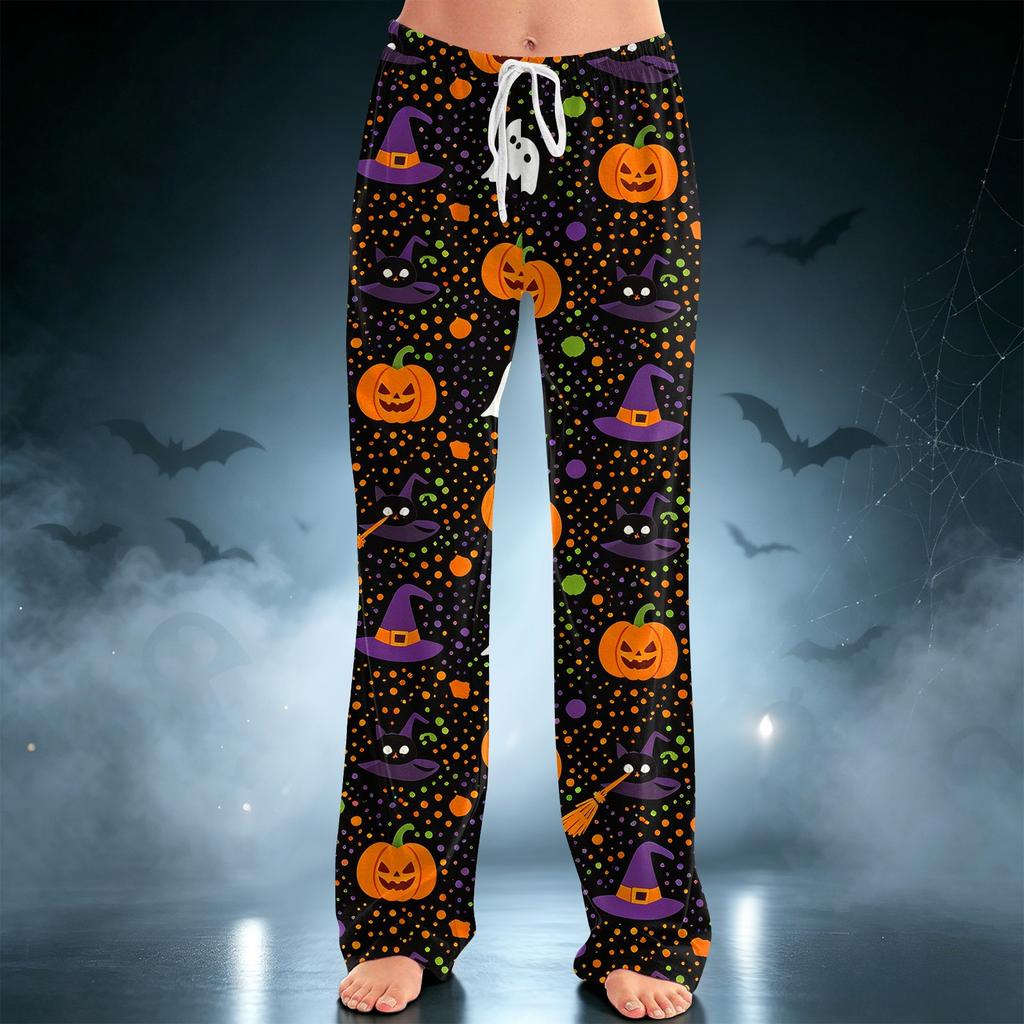 Women's Halloween Print Drawstring Wide Leg Pants for Casual Home Wear