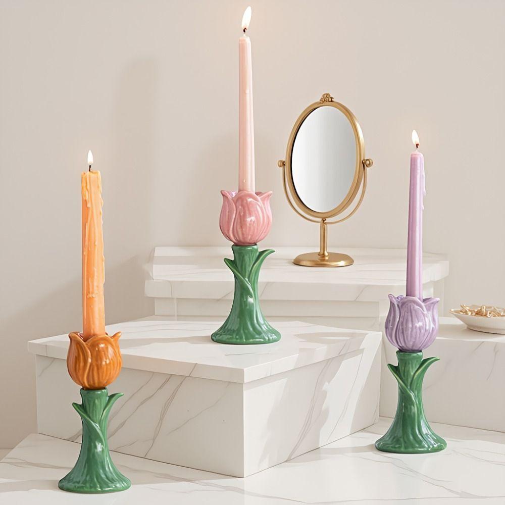 Handmade Flower-shaped Candlestick Nordic Style Ceramic Tulip Candle Stand Home Decoration