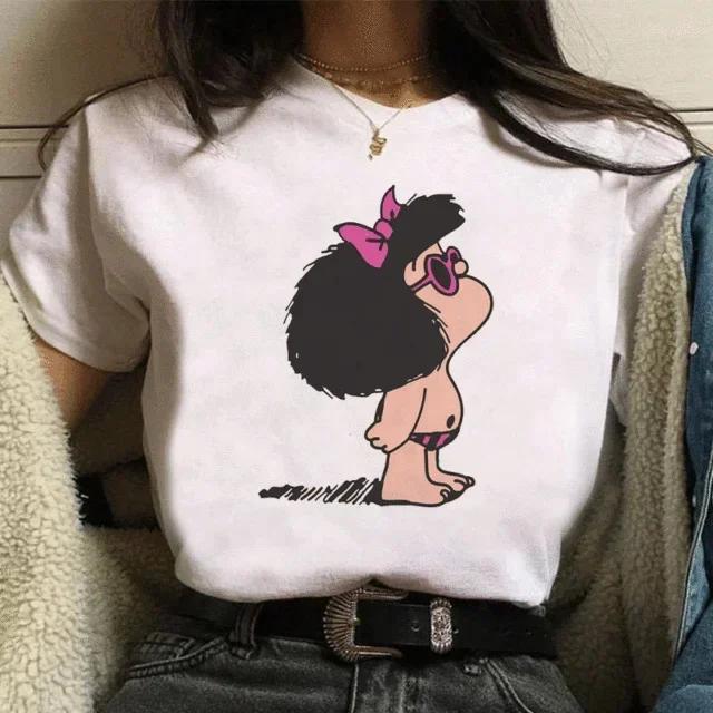 Funny Mafalda Print Women T Shirt Harajuku Ulzzang Kawaii Cartoon Tshirts for Girl Korean Style Casual Tee Top Female  Clothing
