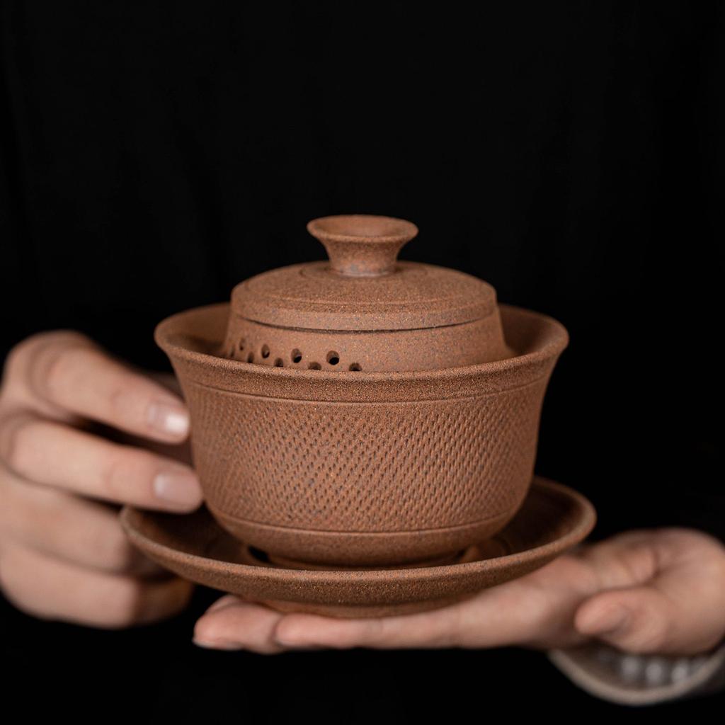 Coarse Pottery Old Rock Clay Raw Gaiwan Ore Handmade Tea Tureen Anti-Scald Large Tea Bowl Chinese Traditional Tea Set Household