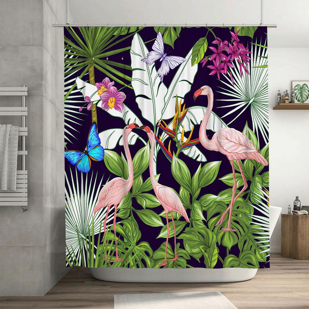 Exotic Bird Floral Shower Curtain Pink Flamingos Purple Butterflies With Green Leaves On Dark Background Decorative Home Bath Ru