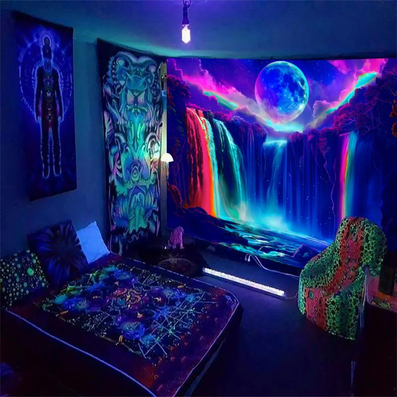 1PC Colorful Waterfall UV Response tapestry, Moon Night Sky Natural Landscape Black Light Home Decoration tapestry