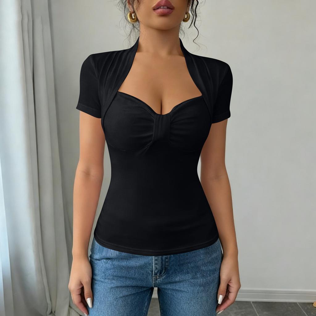 Camiseta de manga corta con cuello en V de color para mujer. Camiseta de capa base.
