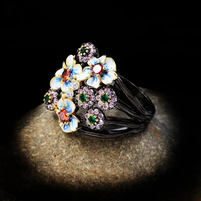 2025 Gorgeous Ladies 925 Silver Black Gold Ring Colorful Flower Ring Zircon Jewelry Flower Ring