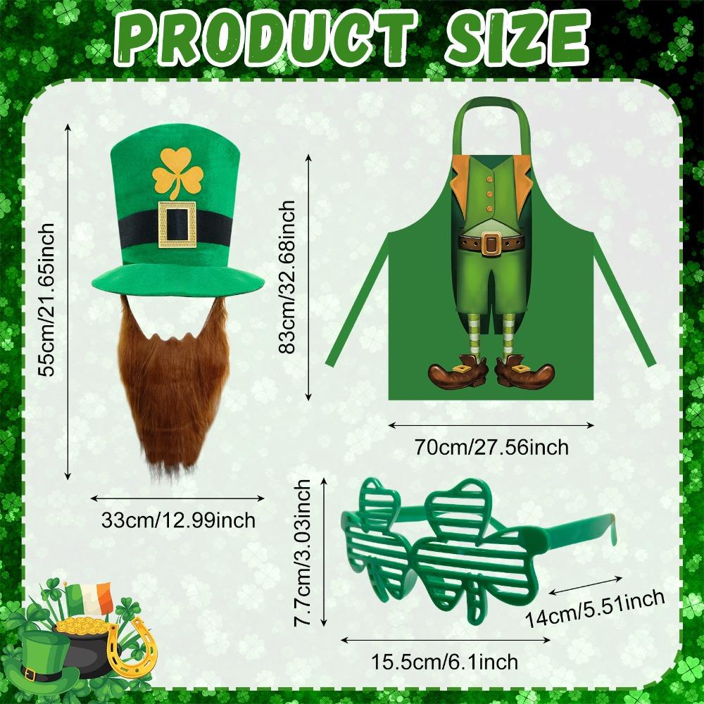 3er-Set Party-Kostümzubehör zum St. Patrick's Day mit Schürze Kleeblatt Grüner Hut Irisches Festival Falscher Schnurrbart Brille