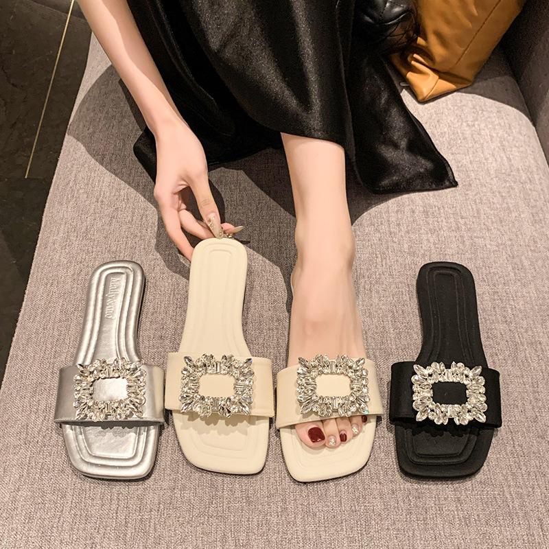 Rhinestone women's summer new slippers soft bottom soft surface fairy outer wear foot cover flat beach sandals