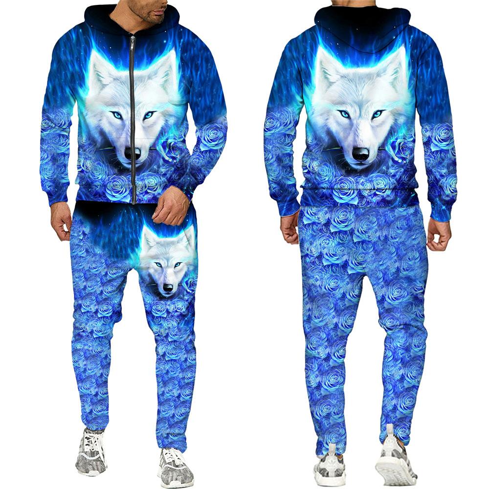 Dragkedja Luvtröja Träningsoverall Herr Kvinnor 3D-tryck Varg Lösa Par Luvtröjor +byxor Casual Hip Hop Streetwear Sweatshirts Kostymer