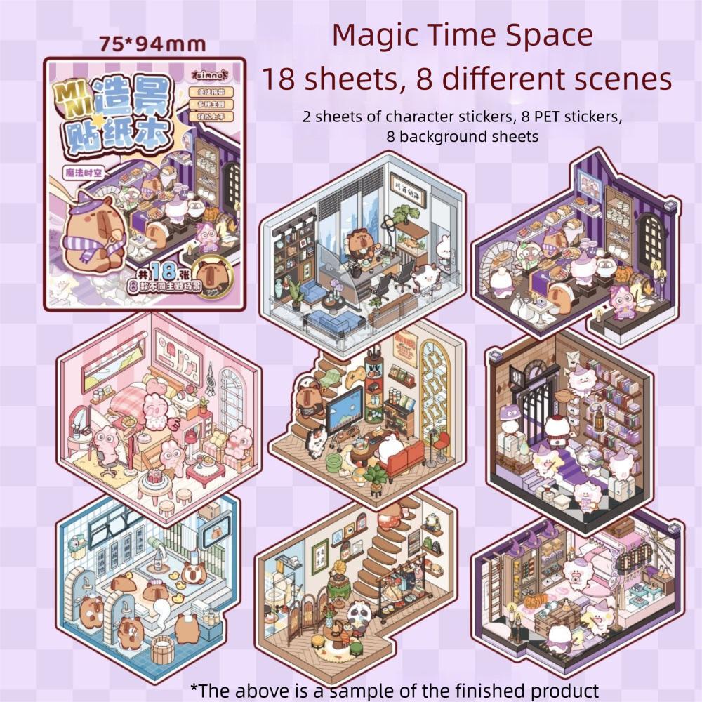 

Kawaii Mini Size Landscape Sticker Book DIY 8 in 1 Miniature Scene Collection Cartoon PET 3D Pocket Cabin Scene Stickers
