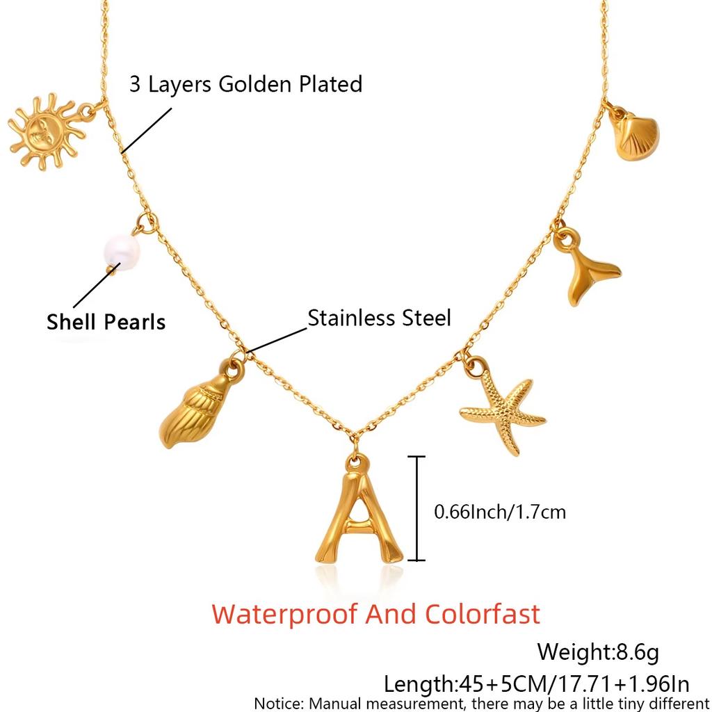 MHS.SUN Seestern Muschel Initialen Halskette Wasserdicht 18K Vergoldeter Edelstahl Anhänger Halsketten Surfer Girl Sommer Strand Geschenk