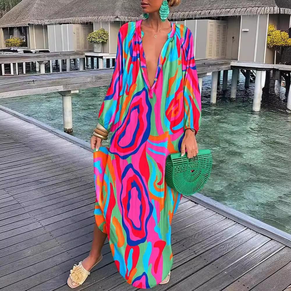 2022 Autumn V-neck Long Sleeve Print Dress for Women