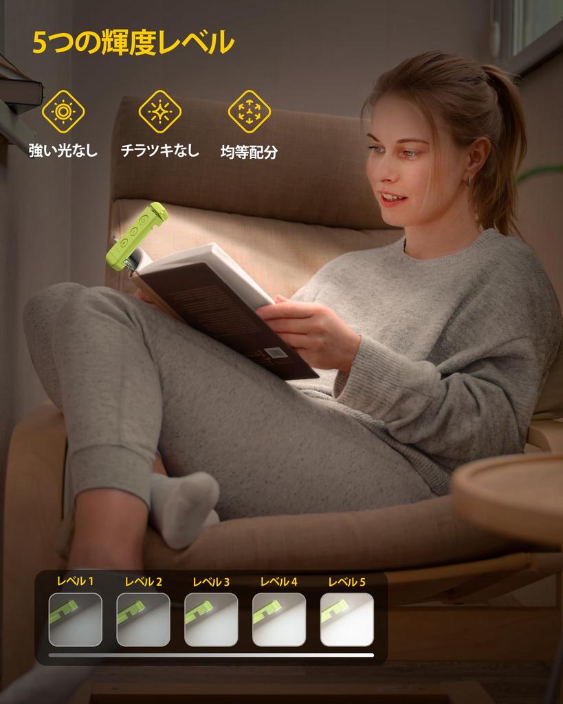 Glocusent Buch Wiederaufladbares LED Leselicht zum Lesen in Hergestellt aus ABS und mit 3 Farbtemperaturen und 5 Helligkeiten Kompakt und Perfekt für Buch