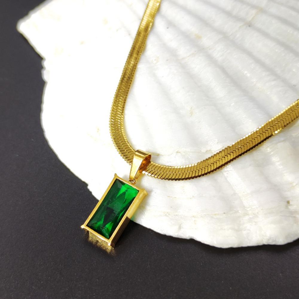 Temperament Luxury Geometric Square Green Zircon Pendant Gold Color Stainless Steel Snake-bone Chain Necklace for Women Jewelry