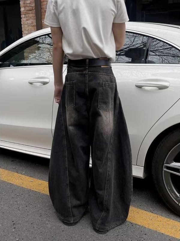 Men's American Retro Washed Black Wide-Leg Scimitar Jeans