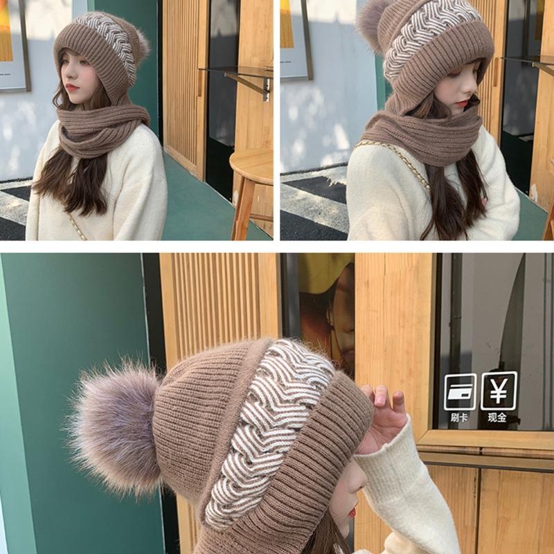 Korean Style Hat Scarf Set Women Winter Warm Cycling Ear for Protection Windproof Knitted Wool Pullover Cap Scarf for Wo