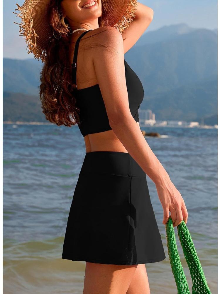 Solid Push Up High Waist Skort Sexy Two Piece Bikini Set Elegant Slimming