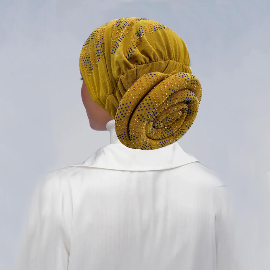 Full Diamonds Women's Donut Turban Cap Elastic Muslim Headscarf Bonnet Female Headband Hat African Caps Lady Hair Accessories