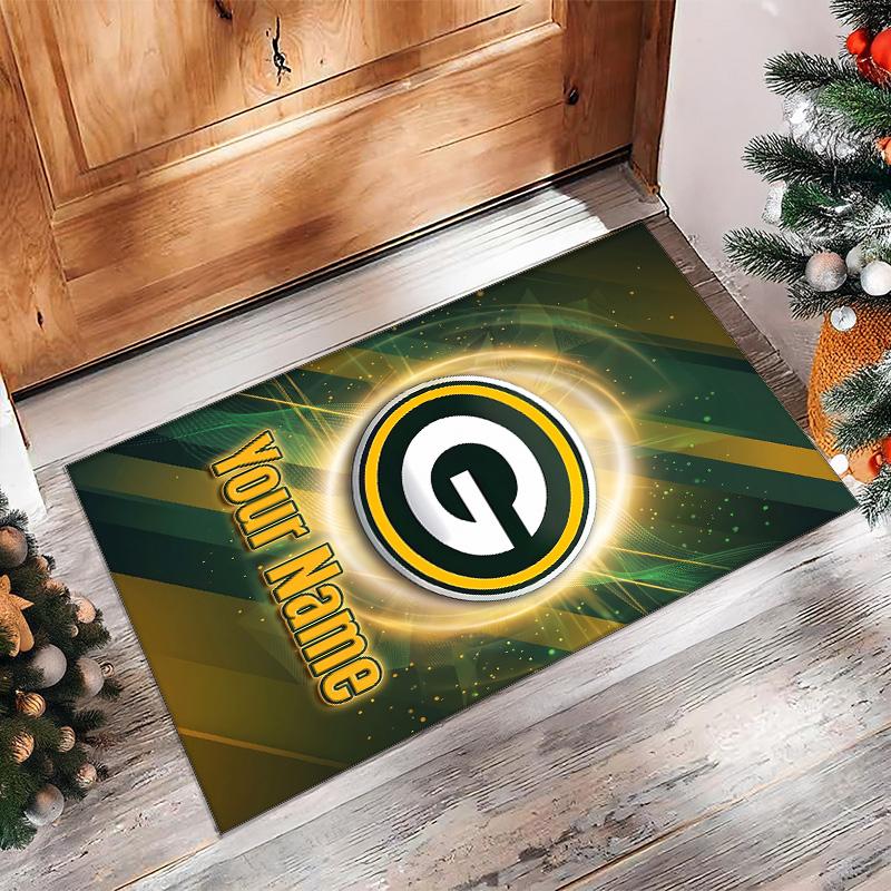 Green Bay Packers Crystal Velvet Rug, Custom Name Text Personalized Non‑Slip Floor Mat for Home Decor Gift
