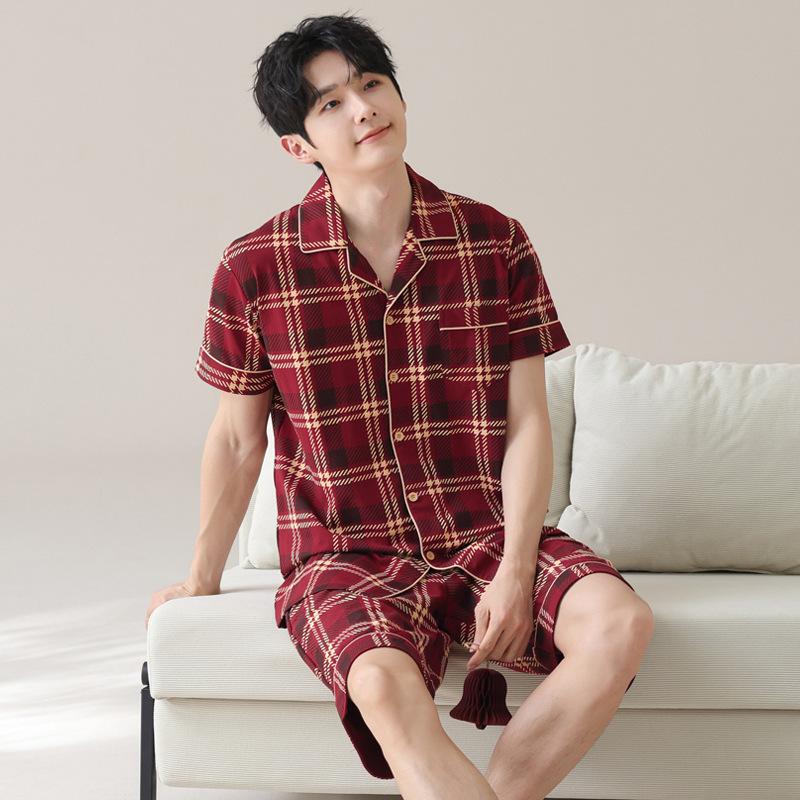 Pajamas Couple Summer Lycra Cotton Thin Short-sleeved Fashion Plaid Red Wedding Loungewear Set Pure Cotton