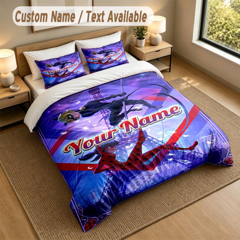 Set Biancheria da Letto 3 Pezzi con Nome Personalizzato, Miraculous Ladybug 1 Copripiumino 2 Federe Biancheria da Letto Morbida per Regalo