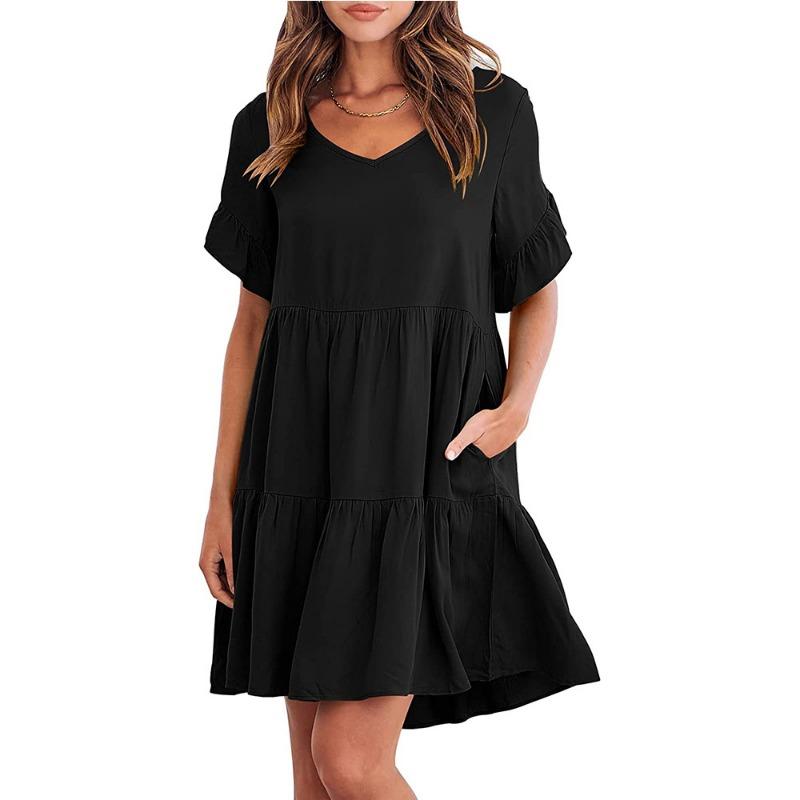 Short Sleeve V-neck A-line Summer Dress Women Elegant Pleated Loose Casual Dress Fashion Party Holiday Short Dresses Female 337