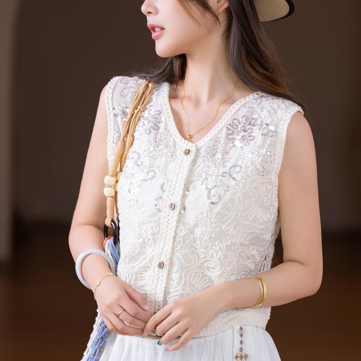 

Dimanaf 2025 Новая летняя короткая футболка на пуговицах Женский базовый вязаный кружевной жилет Безрукавный стиль Топы Свободный one size