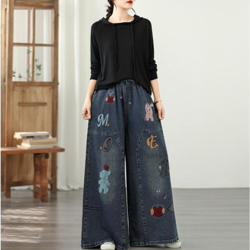 DIMANAF 2025 Plus Size Autumn Jeans Women Long Pants Embroidery Loose Denim Trousers Big Size Casual