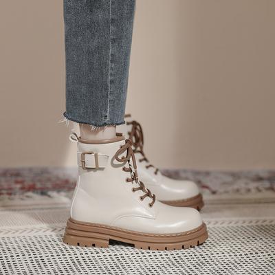 Weiwei Girl 68-3 Platform Martin Boots Women's Short Retro British Short Boots Lace-Up Medium Boots White Boots