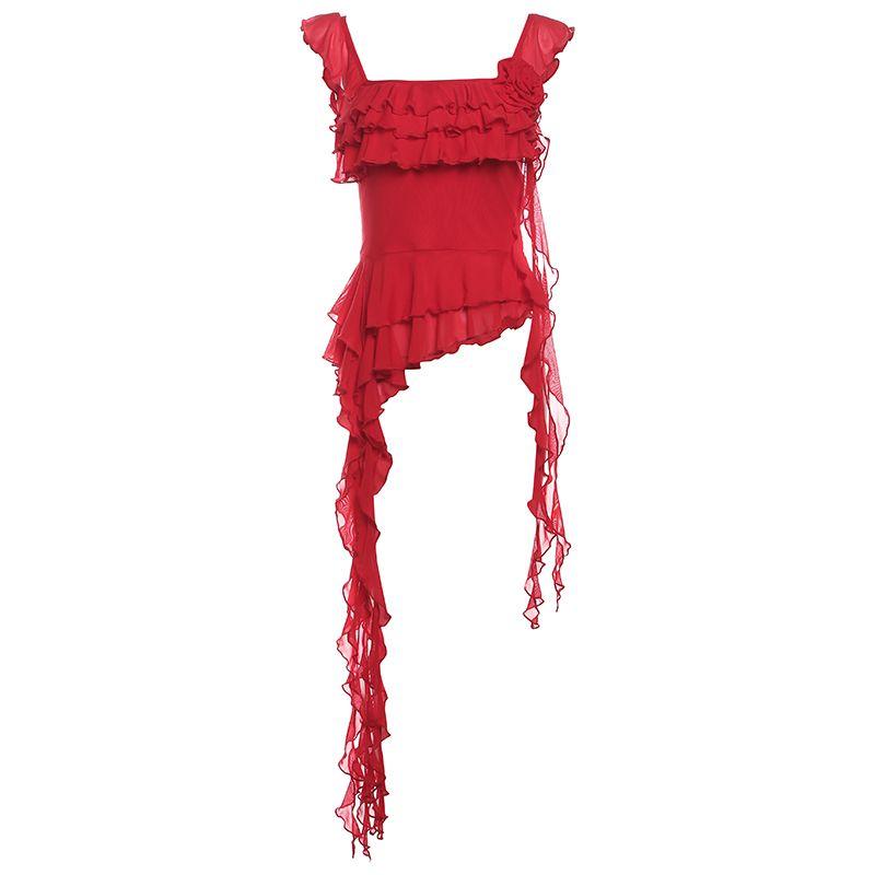 

# Sisjuly# Summer Fresh Cream Color Ruffles Layered Ribbon Waist Trimming Versatile Sexy Little Suspenders Female Red M