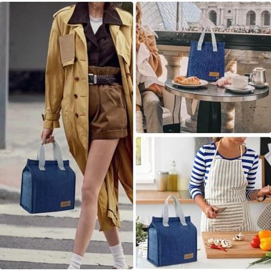 Lunch bag cooler bento insulated thick thermal insulation leak-proof reusable simple tote work office picnic commuting school travel (navy blue)