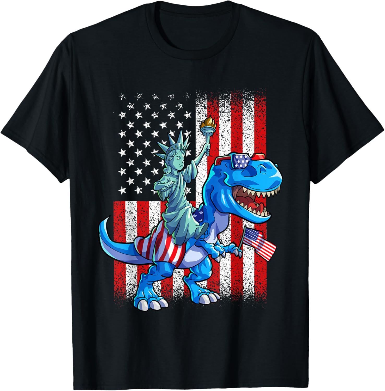 Dino Statue of Liberty 4th of July Shirt Boys American Flag T Shirt S