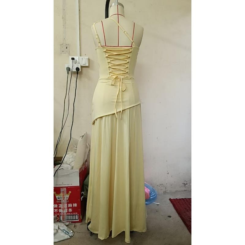 Women One Shoulder Pleated Waist Chiffon Spliced A Line Long Evening Party Dress