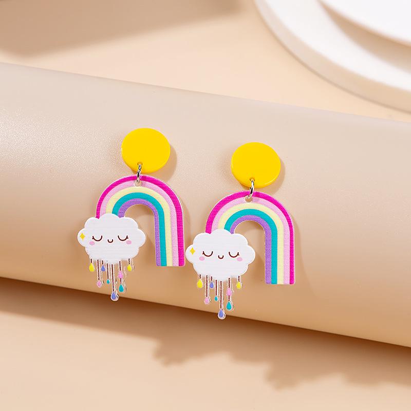 Boucles d'oreilles acryliques poupée de dessin animé géométrique colorée avec fleurs et étoiles arc-en-ciel