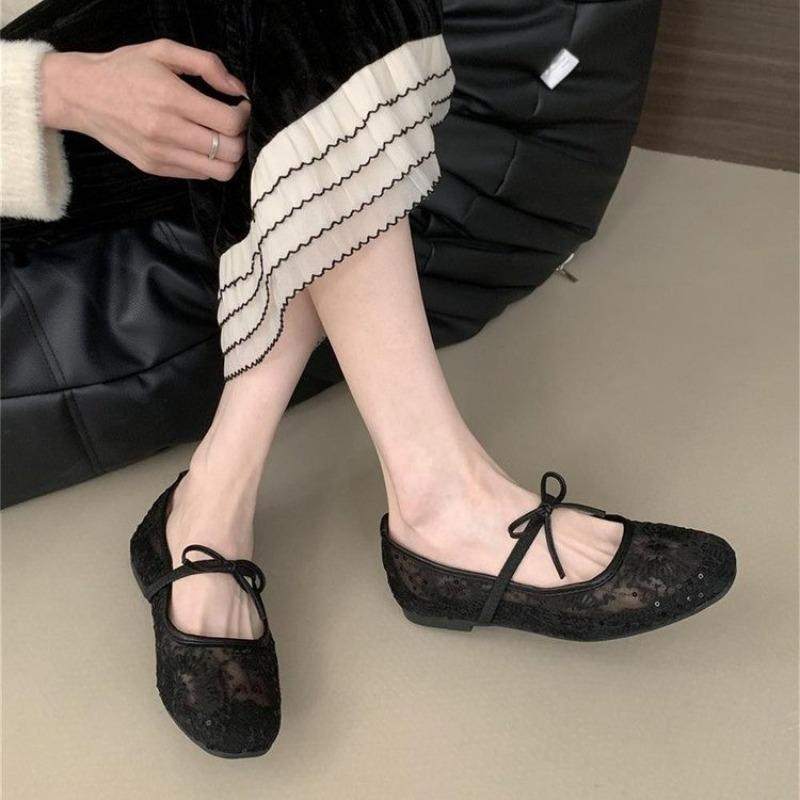 Mesh-Spitze Innenhöhe Damenschuhe Sommer neu sexy eckige Zehen flache atmungsaktive Ballerinas Schleife flache Schuhe