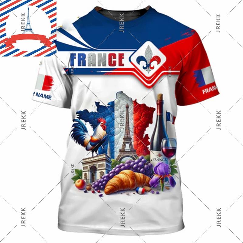 Französisches Flag Football T-Shirt für Herren 3D-Druck Hahn Rundhals-T-Shirts Benutzerdefinierter Name Streetwear Sommer Mode Trend Tee