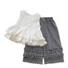 Summer Girls Embroidered Floral Vest And Plaid Ruffle Wide Leg Pants Two Piece Set