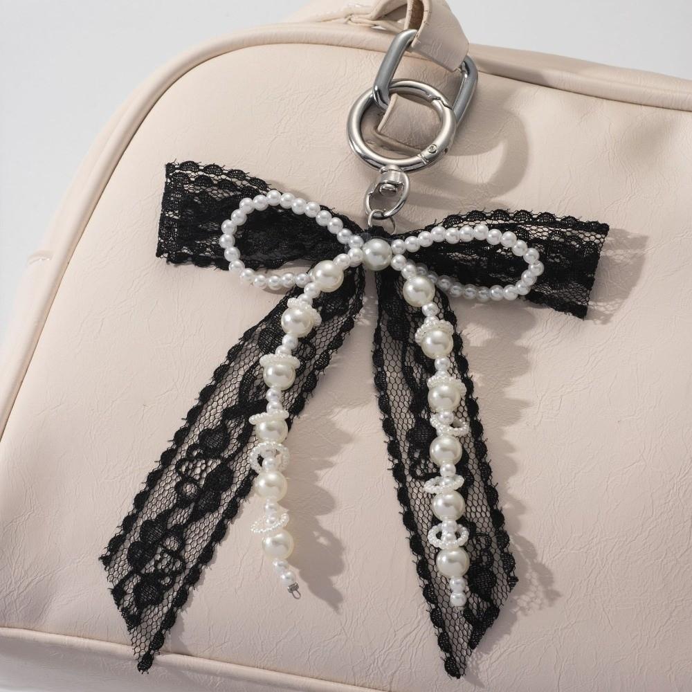 Pearl Beaded Bow Ribbon Keychain Y2K Bag Charm Sweet Lace Bow Keychain  Phone Decoration