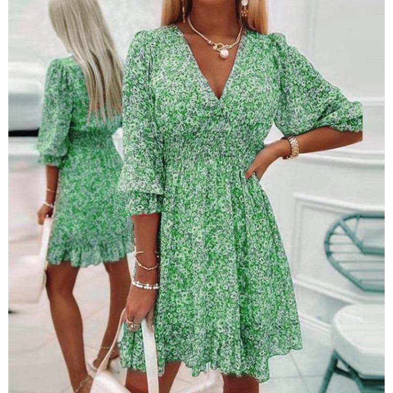Summer Printed Dress, Loose and Fashionable V-neck Chiffon Pleated Dress
