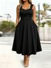 Neues elegantes lässiges Damenkleid mit großer Latzhosentasche, V-Ausschnitt, gefaltete Brustpartie, hoch tailliert, A-Linie, großer Saum