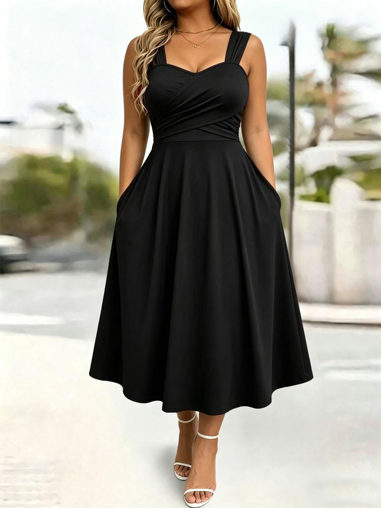 Neues elegantes lässiges Damenkleid mit großer Latzhosentasche, V-Ausschnitt, gefaltete Brustpartie, hoch tailliert, A-Linie, großer Saum