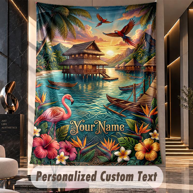 Tropical Leaves Elegance Theme Wall Tapestry Customized With Name Text Personalized Hanging Tapestry For Bedroom Living Room Decor